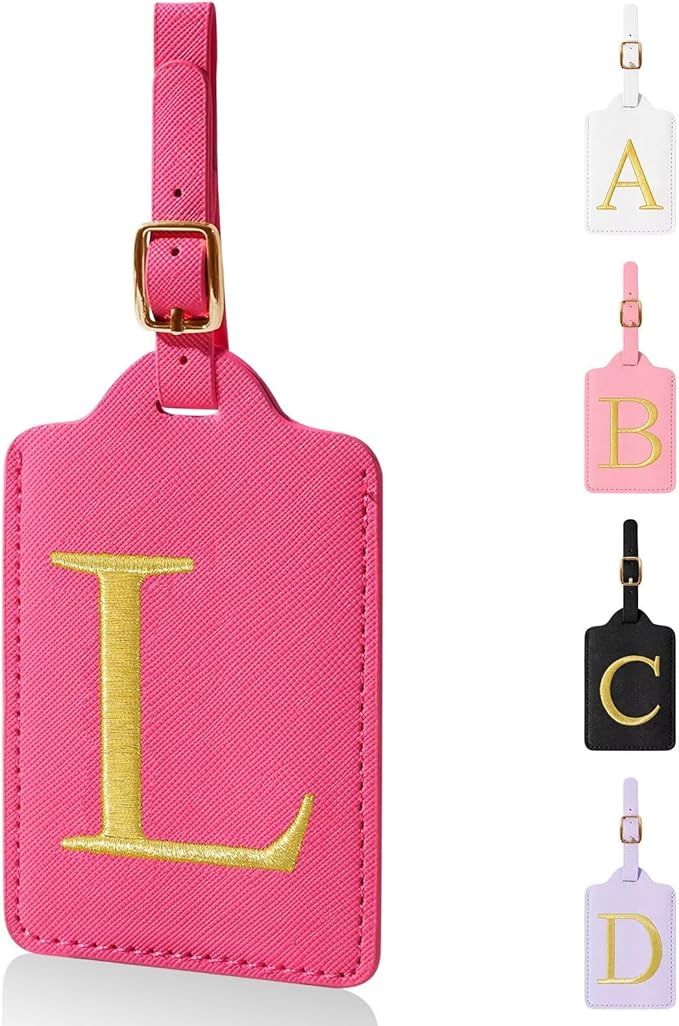 Personalized Initial Luggage Tags for Suitcases,Leather Letter Cute Luggage Tags with Privacy Name Card,Embroidered Monogrammed Travel Bag Backpack Tag Gifts for Women Kids Girls Teens(Rosered-L)