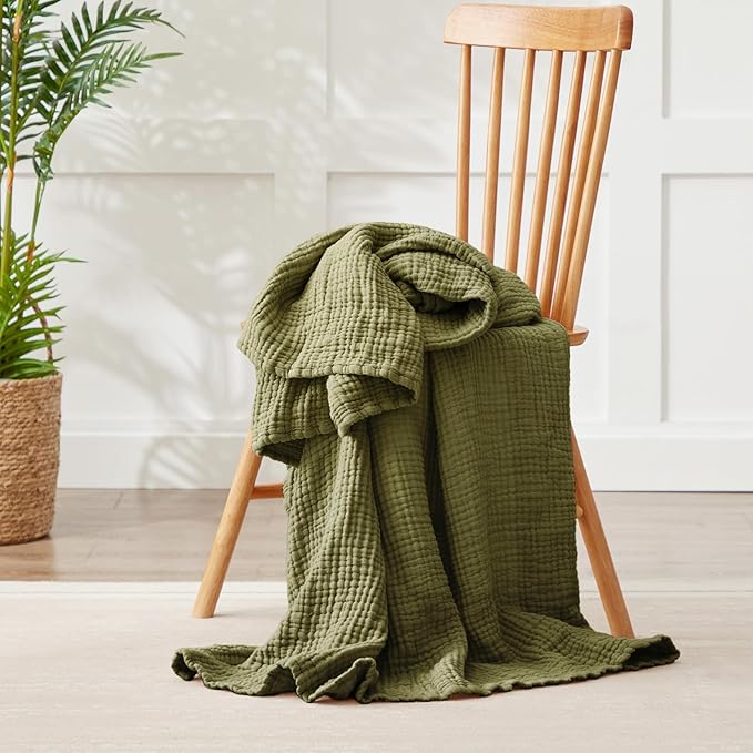100% Cotton Muslin Blanket Twin 66" x 90", Breathable and Lightweight Twin Blankets for Couch, Soft Cooling Summer Gauze Blanket for Adults All Season, Olive Green