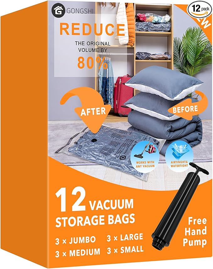 GONGSHI Vacuum Storage Bags, Space Saver Bags for Clothing,Blankets,Comforters, Pillows, Clothes,Travel,12 Combo
