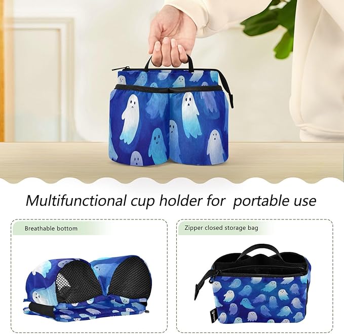 Luggage Cup Holder for Suitcases Free Hands Travel Cup Holder Portable Suitcase Cup Drink Holder Luggage Cup Caddy Bag Carrier Watercolor Halloween Ghost Blue