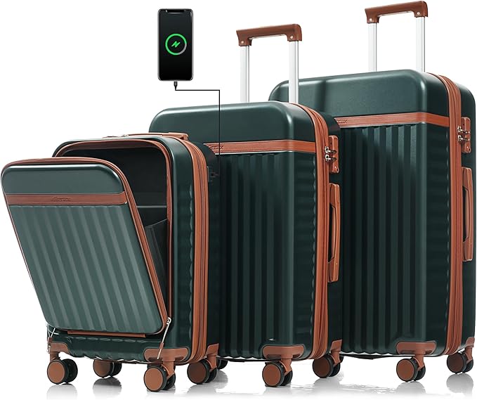 Hardshell Luggage, Lightweight Suitcase with Spinner Wheels, DARK GREEN+USB