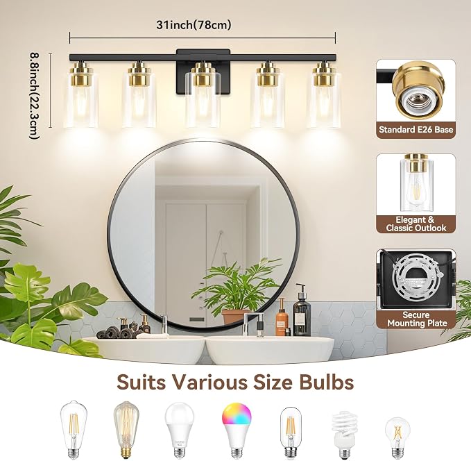 VerRon 5-Light Bathroom Light Fixtures, 31" Black & Gold Vanity Lights | Bathroom Vanity Lights Over Mirror with Clear Glass Shades, Wall Lamp for Mirror Living Room Bedroom Hallway Cabinet Porch