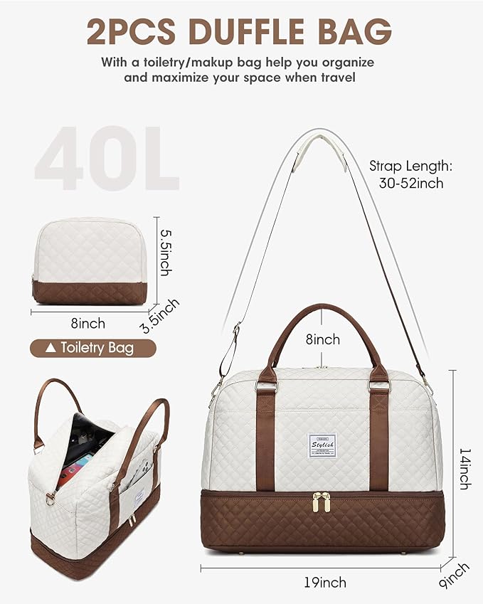 Weekender Bags for Women Travel Bag - Duffle Bag with Shoe Compartment Carry on Overnight Bag for Women Hospital Bags for Labor and Delivery 2Pcs Set Beige Brown