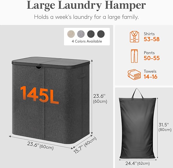 Lifewit 145L Large Laundry Basket with Lid, Laundry Hamper with Plastic Handles and Removable Bag, Foldable Tall Dirty Clothes Hampers for Laundry for Laundry Room, Bedroom, Bathroom, Dorm, Dark Gray