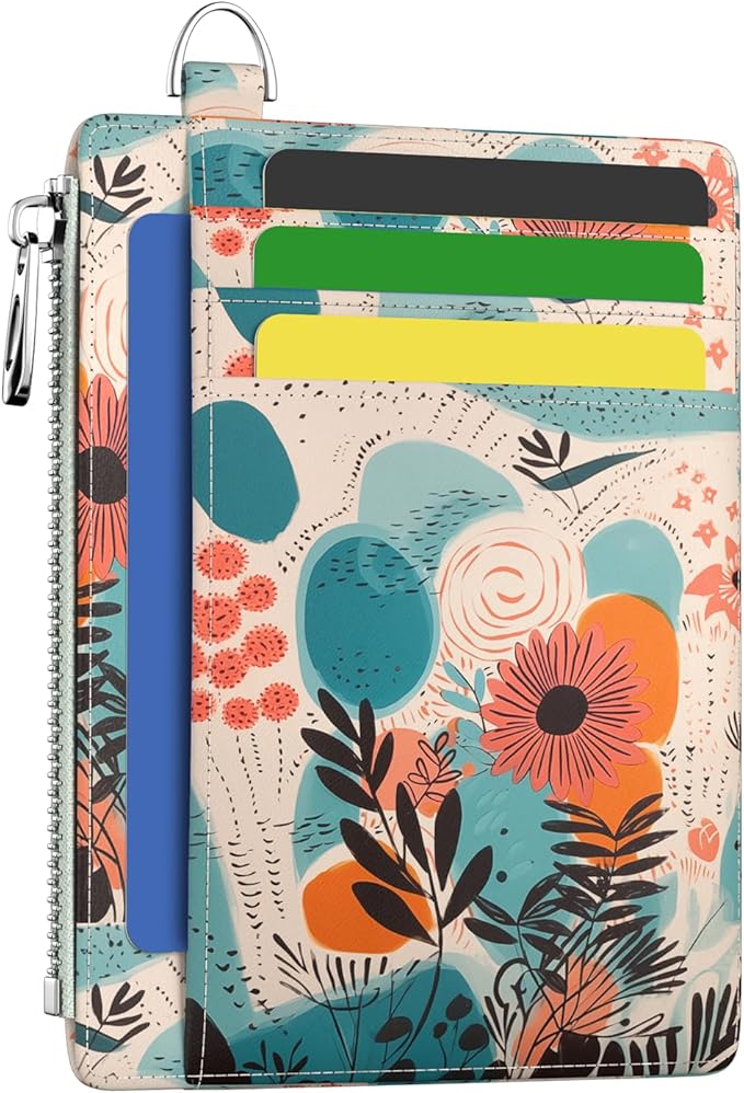 Hancynir Slim Wallet Women Credit Card Holder Abstract Flower Floral RFID Small Mini Card Case Front Pocket PU Leather Thin Travel Zipper Coin Cash ID Window Ladies Female Wallet Gifts