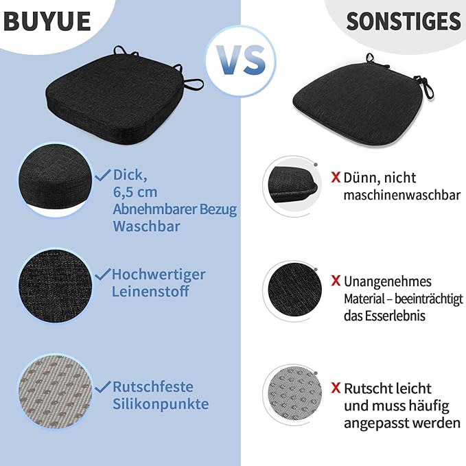 BUYUE Thickened 2.5" Friendly Woven Fabric Dining Chair Cushion, U-Shape High Density Foam Comfortable Chair Pad for Kitchen, Slip Resistant Indoor Seat Cushion (1 Piece, Black)
