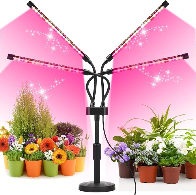 SYEIORAOM Grow Lights for Indoor Plants, Four Head LED Grow Light with Full Spectrum, Red White Spectrum for Indoor Plant Lamp, Adjustable Gooseneck, Suitable for Vegetation