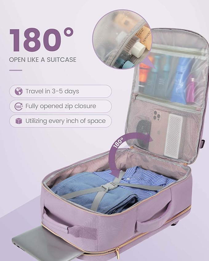 LOVEVOOK Travel Backpack for Women & Men 40L,Airline Approved Carry On Backpack Travel Essentials,TSA Carry on Luggage,Waterproof Personal Item Travel Bag,Suitcase with 3 Packing Cubes,Light purple