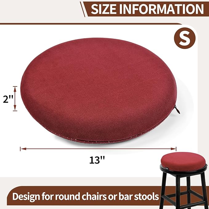 BUYUE Memory Foam Seat Cushion, Dia 13" Soft Velvet Round Stool Cushion Anti-Slip Chair Pads, S, Red