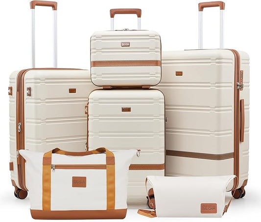 Luggage Sets with spinner wheels, PC+ABS Hard Shell Travel Luggage,Lightweight Carry-on suitcases with TSA Lock,YKK Zippers(Beige, 6 piece set(14/20/24/28/DB/TB))
