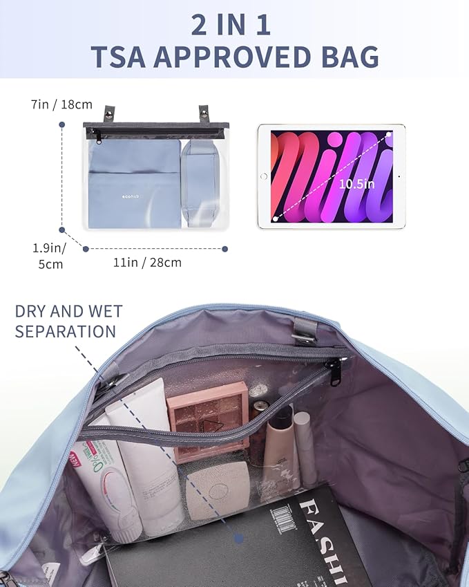 ECOHUB Travel Duffel Bag Water Resistant Weekender Bag Carry On Bags for Women Sport Gym Bags for Men Hospital Bag for Labor and Delivery Overnight Bag Luggage Bag with Trolley Sleeve 30L Grayish Blue