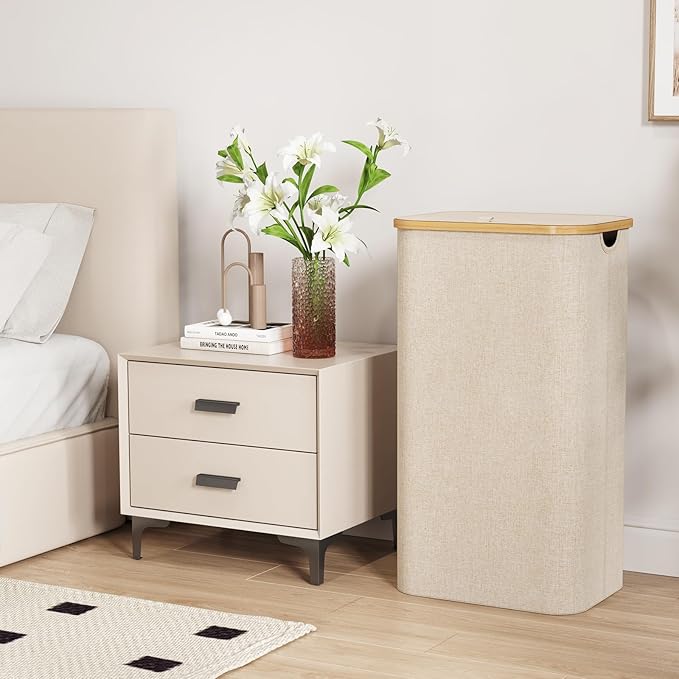 Lifewit 110L Laundry Basket with Lid, Clothes Hampers for Laundry with Bamboo Handles and 1 Removable Bag, Large Foldable Laundry Hamper for Bedroom, Bathroom, Dorm, Laundry Room, Beige