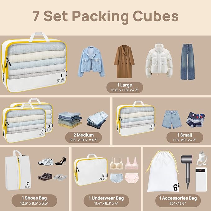 7 Set Compression Packing Cubes Travel Accessories Expandable Packing Organizers (White)