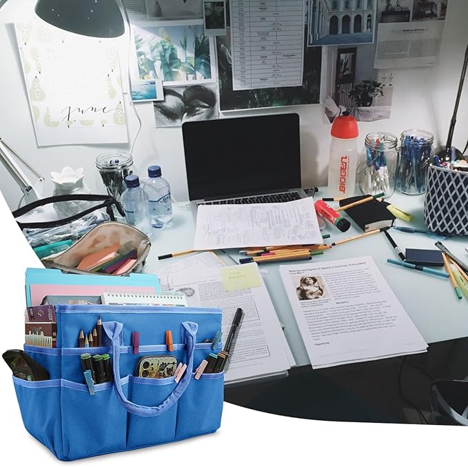 Cupohus Art Organizer Craft Storage Tote Bag with Pockets and Handles, Oxford Fabric Carrying Caddy for Teacher, Officer, Artist, Traveler, and more –Blue