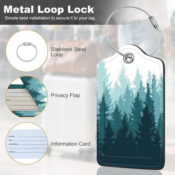 2Pack Luggage Tags for Suitcases, Cute Unique Pu Leather Cruise Luggage Tag with Privacy Cover ID Label Address Card and Metal Ring Suitable for Women Men Kids Travel Bag Green Forest