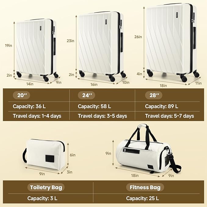 Hoteel Luggage Sets 5 Piece PC Hardside, 4-Year Warranty, Luggage Set with Spinner Wheels, TSA Lock, YKK Zipper, Lightweight Carry on Luggage, 20"/24"/28" Suitcase with Duffel & Organizer, Beige