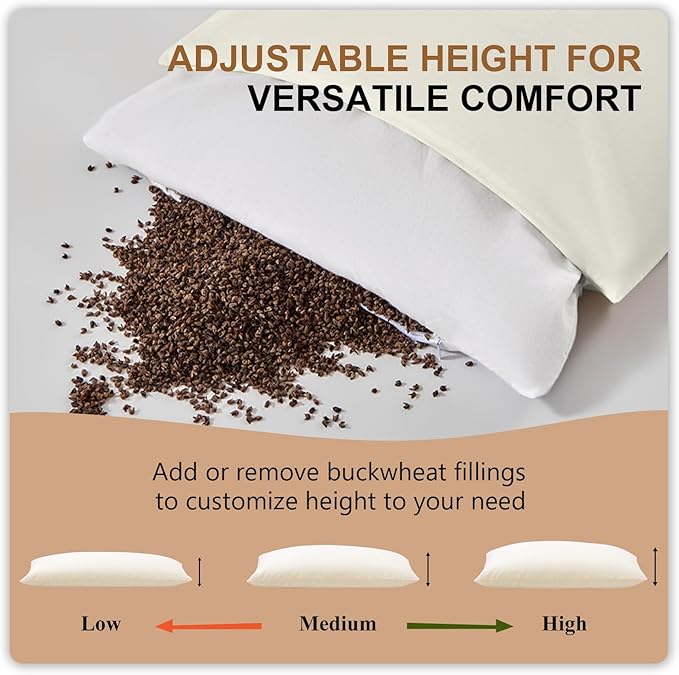 Organic Buckwheat Pillow for Sleeping with Dual-Layer Pillowcase and Extra Tartary Buckwheat Hulls, Adjust Height and Firmness, Neck Support Pillow for Back and Side Sleepers 16"x22"