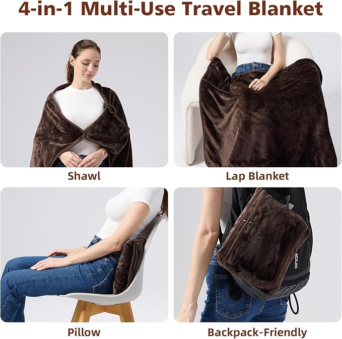 Travel Blanket with Carry Bag, Lightweight Wearable Airplane Blanket, Soft Packable Throw for Travel & Office Coffee Brown