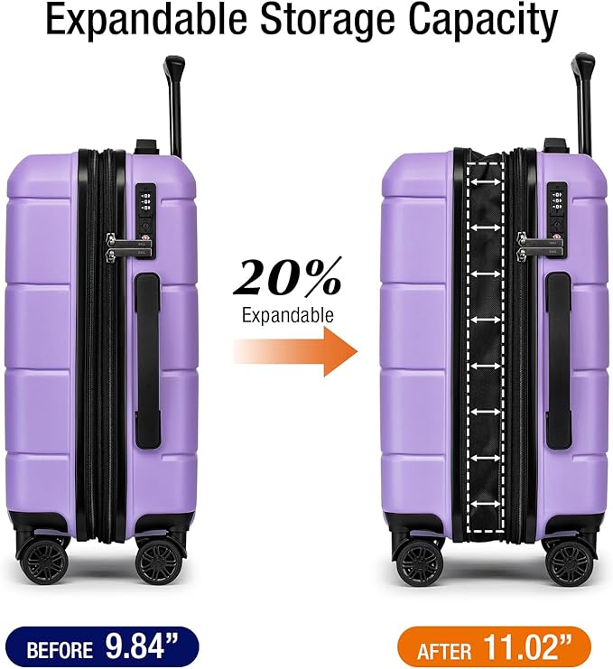 KYME Carry On Luggage 22x14x9 Airline Approved with TSA Lock Hardshell Expandable 20 Inch Suitcase Carry On Suitcase with Wheels Small Travel Rolling Luggage with Cup Holder for Women Lt Purple