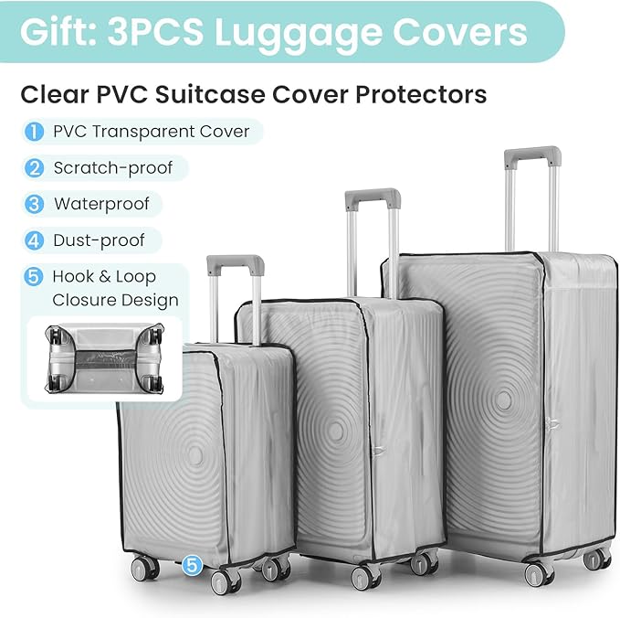 3 Piece Luggage Set 100% PC Hardshell, Front Opening Expandable Suitcase (20/24/28) with Laptop Compartment & Free Custom PVC Covers, Trunk Style Lightweight Spinner Wheels TSA Lock
