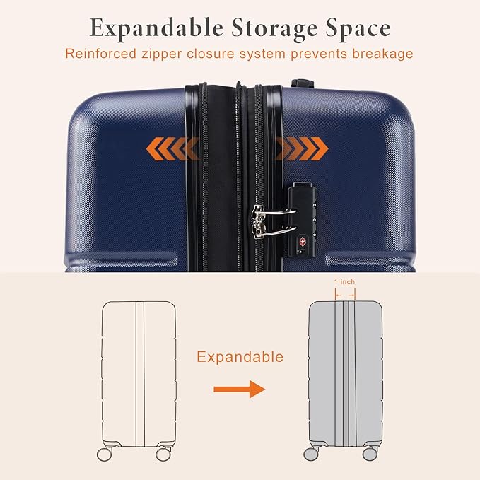 Sweetcrispy Carry on Luggage, Hard Shell ABS Suitcase with Double Spinner Wheels, Lightweight Expandable Rolling Suit Case with TSA Lock, 24 Inch Navy Blue