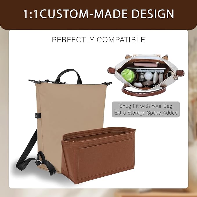 Premium Felt Purse Organizer Insert for Longchamp Le Pliage, Zipper Long Champ Bag Organizer Insert with Cup Holder, 9 Compartments