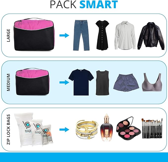 bago 7 Pcs Packing Cubes for Travel - 4 Travel Packing Cubes for Suitcases with 3 ZipLock Bags - Luggage Organizer Bags to Get Maximum Storage, Save Time & Effort to Pack (Black Pink)