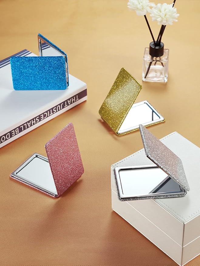 OMIRO Compact Mirror, Glitter PU Leather 1X/3X Magnification, Ultra Portable for Purses, 2.4" W x 3.4" L (Red)
