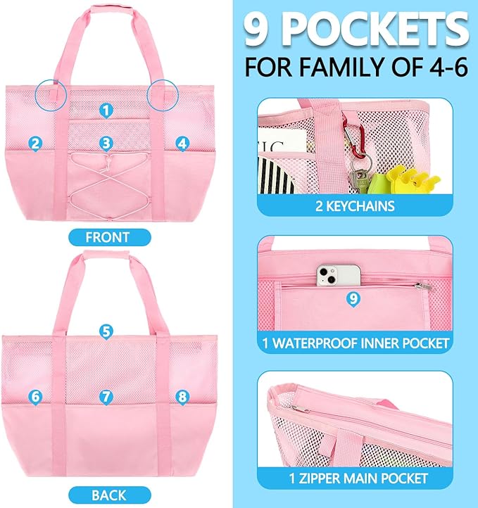 Fammart Mesh Beach Bag, Large Beach Tote with Zipper Pocket, Toys Pool Bag for Family Travel Vacation Cruise Essentials