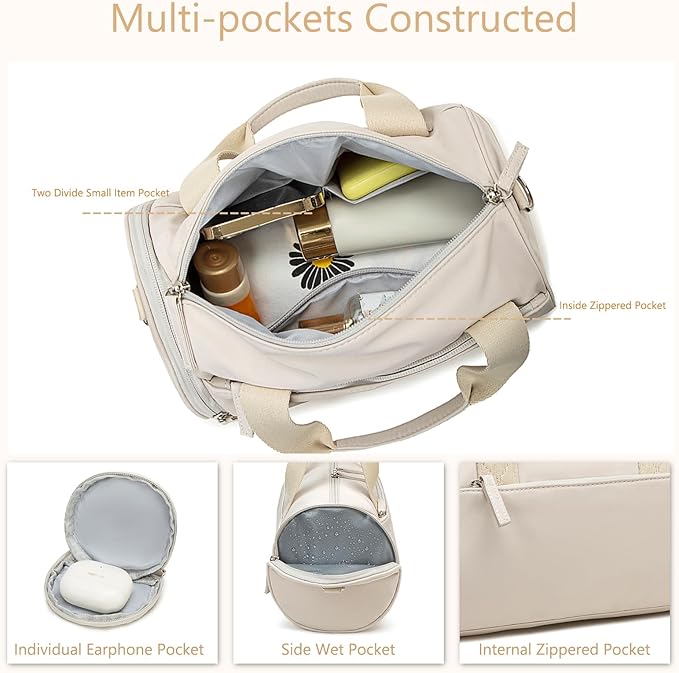 Mini Gym Bag for Women Girls Cute Small Duffle Bag 12'' with Multifunctional Pockets Workout Sport Bags Dance,Fitness,Yoga (Beige-Gray)