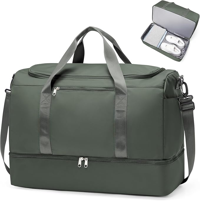 Extra Large Travel Duffle Bag,Carry on Overnight Weekend Bag with Shoes Compartment,Weekender Bags for Women for Travel Business Trips Sport Hospital,Dark Green