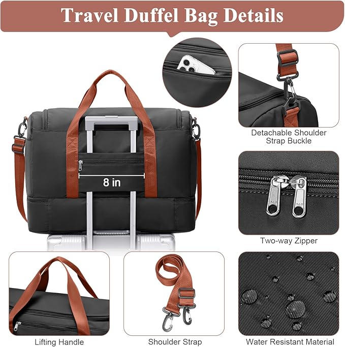 Travel Duffel Bag for Women, Carry-on Overnight Weekender Bags with Wet Pocket, For Spirit Airlines 18x14x8 Personal Item Bag,Small,Black & Brown