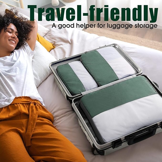 6 Set Compression Packing Cubes for Travel, Bonus Versatile Drawstring Backpack, Lightweight Luggage Organizer Bags, Sturdy Travel Accessories for Suitcase, Dark Green
