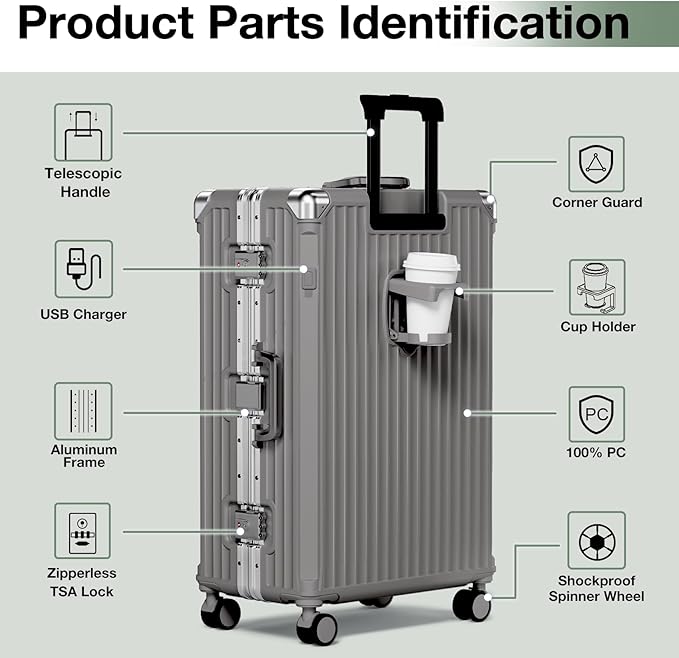 Krute Aluminum Frame Luggage 28 Inch Checked Suitcase With Wheels No Zipper PC Hard Shell Suitcases with Cup Holder and Charger Zipperless Large Travel Luggage Gray