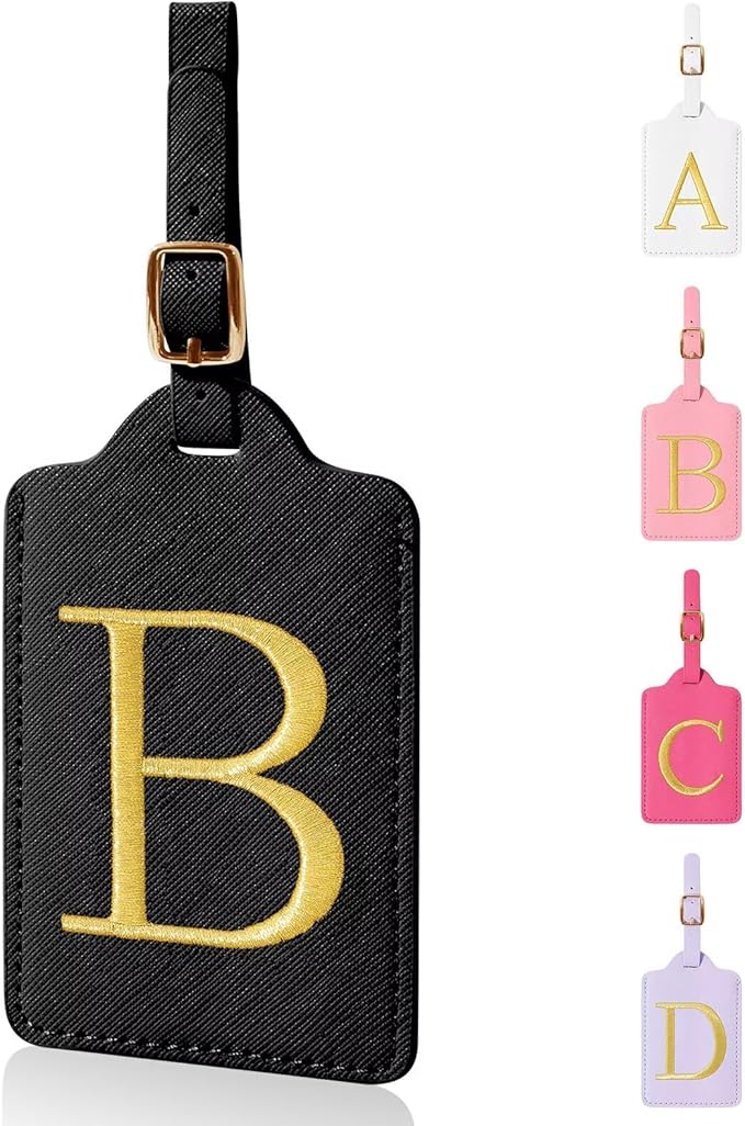 Personalized Initial Luggage Tags for Suitcases,Leather Letter Cute Luggage Tags with Privacy Name Card,Embroidered Monogrammed Travel Bag Backpack Tag Gifts for Women Kids Girls Teens(Black-B)