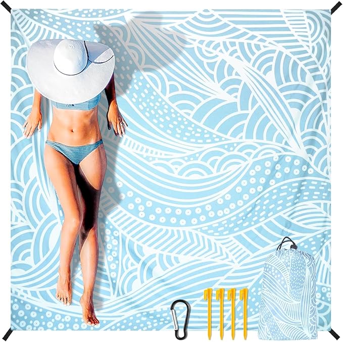 Beach Blanket Sandproof Extra Large Beach Mat Adults Waterproof Quick Drying Sand Free Mat Made by Premium Polyester with 4 Stakes & 4 Corner Pockets for Outdoor Travel Camping Hiking