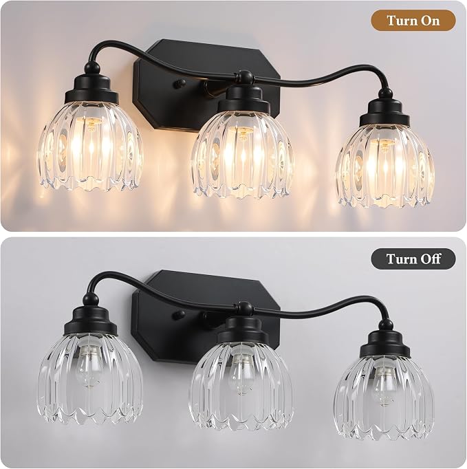 Vintage 3 Light Vanity Lights,Black Matte Antique Finish | Clear Tulip Crystal Bathroom Light Fixture, Mid Century Style, Elegant Wall Sconce Ideal for Bedroom,Hallway, Easy to install