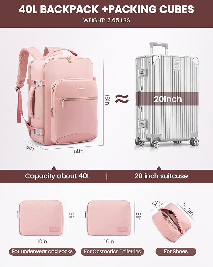 LOVEVOOK Travel Backpack for Women & Men 40L,Airline Approved Carry On Backpack Travel Essentials,TSA Carry on Luggage,Waterproof Personal Item Travel Bag,Suitcase with 3 Packing Cubes,Pink-Pink