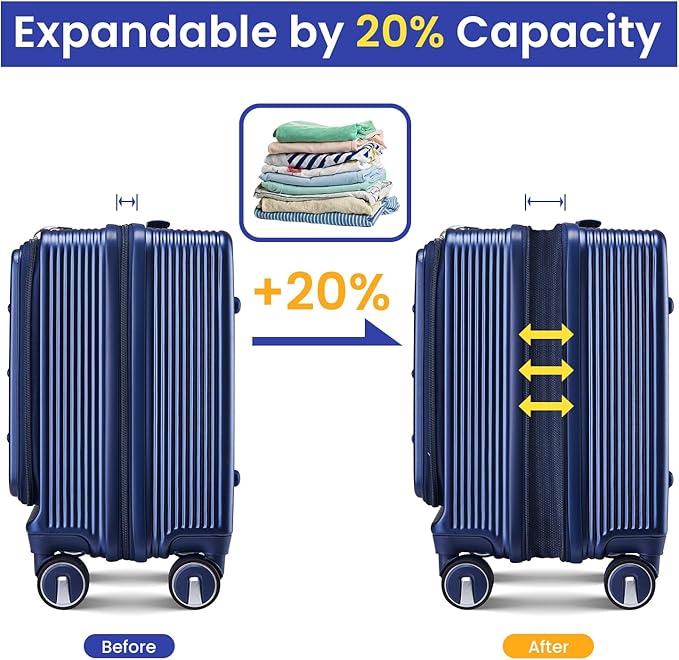 3 Piece Luggage Set 16 Inch Carry On with Front Opening, Expandable PC Hardshell Suitcase with 14" Cosmetic Case & Handbag, Lightweight Underseat Rolling Luggage with TSA Lock & PVC Cover