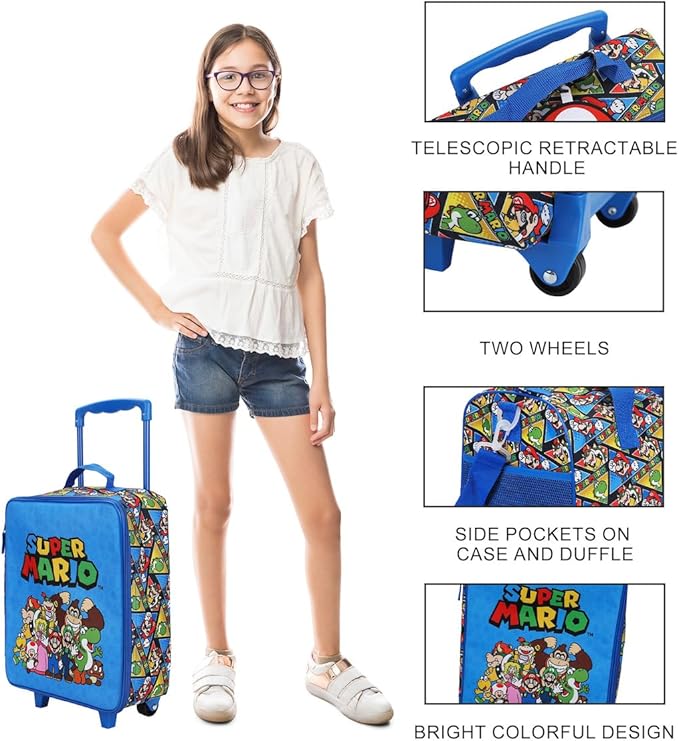 Bioworld Super Mario Bros Group Shot & All-Over Character Print 14" Pilot Case Set