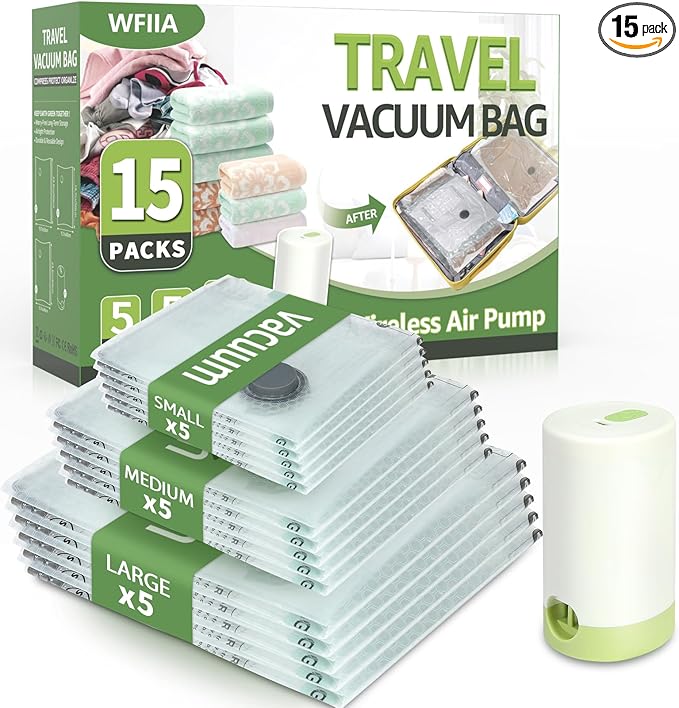 Vacuum Bags for Travel with Rechargeable air Pump, 3 Sizes Vacuum Seal Bags for Clothing, Space-Saving Compression Storage Bags for Travel & Closet Organization (15)