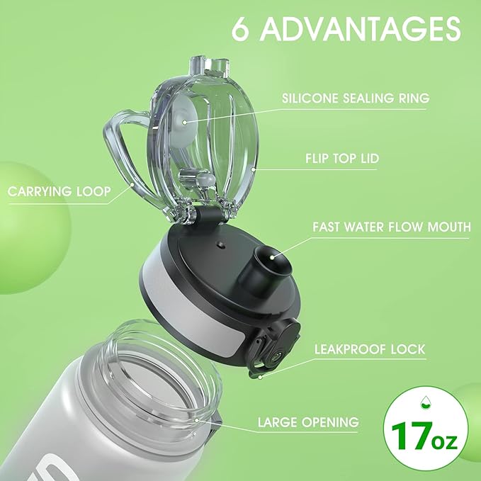 Sahara Sailor Water Bottle 17oz, Durable and Leakproof Water Bottles Motivational with Time Marker, Tritan, BPA Free, Wide Mouth with Easy Clean Brush for Gym, Travel, Home, School, Office (1 Bottle)
