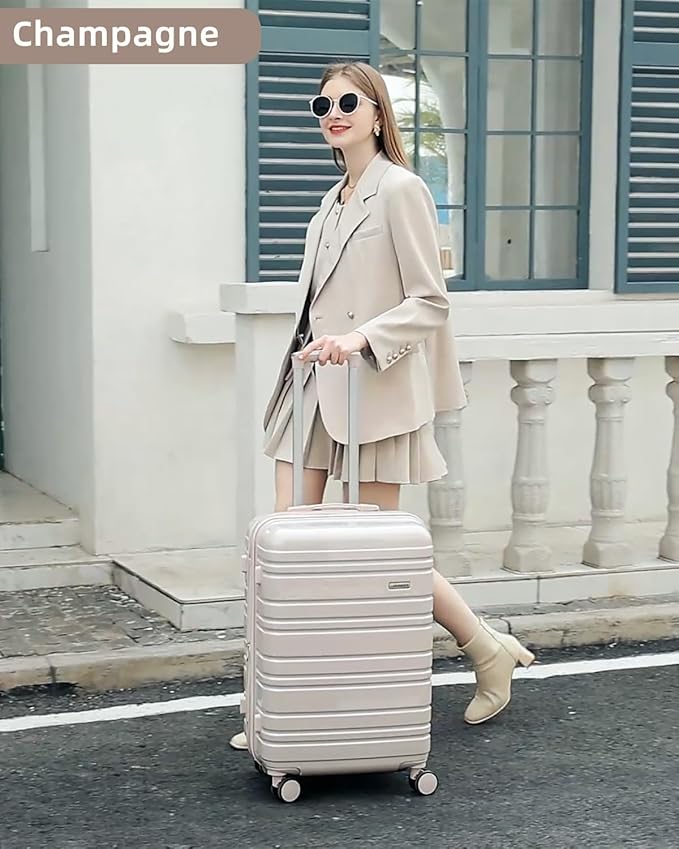 LARVENDER Carry on Luggage 22x14x9 Airline Approved, 20 Inch Hardside Suitcase with Wheels TSA Lock, PC+ABS Lightweight Travel Luggage Sets for Women, Glossy Champagne, 3 Piece Set