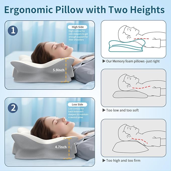 Cervical Neck Pillow for Pain Relief, Ergonomic Side Sleeper Pillow Cooling Memory Foam Pillows for Sleeping, Contour Pillow Orthopedic Bed Pillow for Back Stomach Sleepers