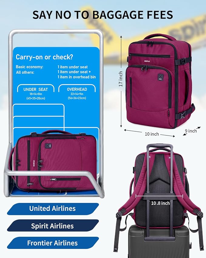ECOHUB 17" Small Travel Backpack, United Airlines Personal Item Bag 17x10x9 with 16 Pockets, Water Resistant Rucksacks Fit 15.6" Laptop, AirTag Pocket, Lightweight Casual Daypack, 25L, Red