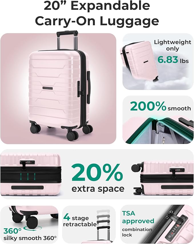 BAGSMART Carry On Luggage 22x14x9 Airline Approved with Spinner Wheels,Lightweight 20 Inch Luggage with TSA Lock,Expandable Hard Shell Carry On Suitcases for Men Women,Pink