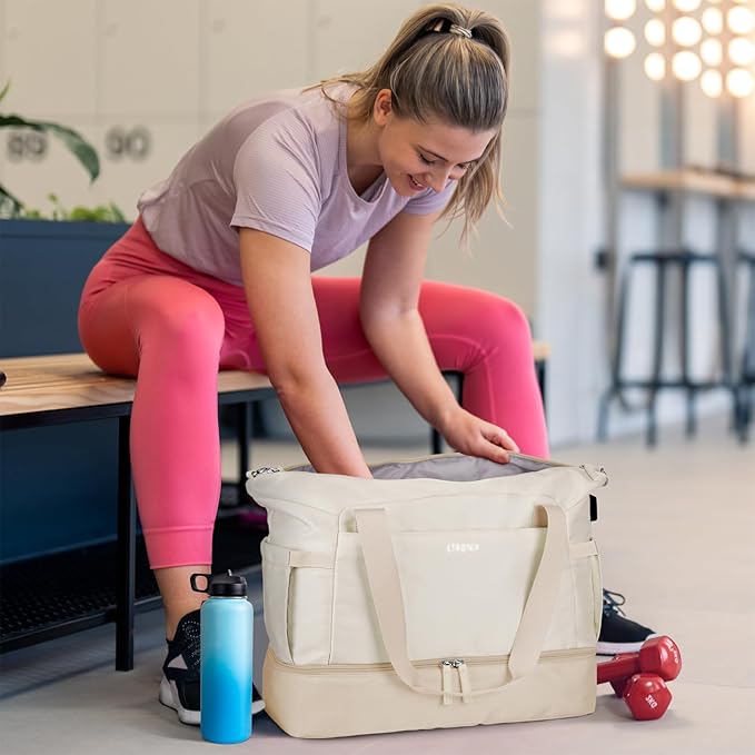 Gym Bag for Women, Sports Travel Duffel Bag with USB Charging Port, Weekender Overnight Bag with Wet Pocket and Shoes Compartment for Women, Travel, Gym, Yoga (Khaki) Medium