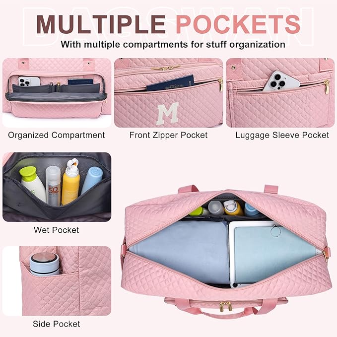 Initial Travel Duffle Bags for Women - Personalized Weekender Bag with Shoe Compartment Overnight Bags with Toiletry Bag Hospital Bag for Women Birthday Gifts for Mom Wife Friends Pink (Letter M)