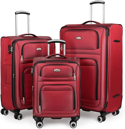 Softside Luggage Sets 3 Piece,Expandable Lightweight Durable Suitcase Sets Double Spinner Wheels w/Combination LOCK （20''/26''/30''）#Red