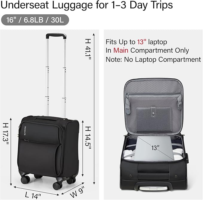 Hanke Underseat Carry On Luggage with Wheels, Spinner Small Suitcase, 16-Inch Rolling Under Seat Luggage, Softside Lightweight Carry On Bag for Airplane TSA Travel Personal Item, Black